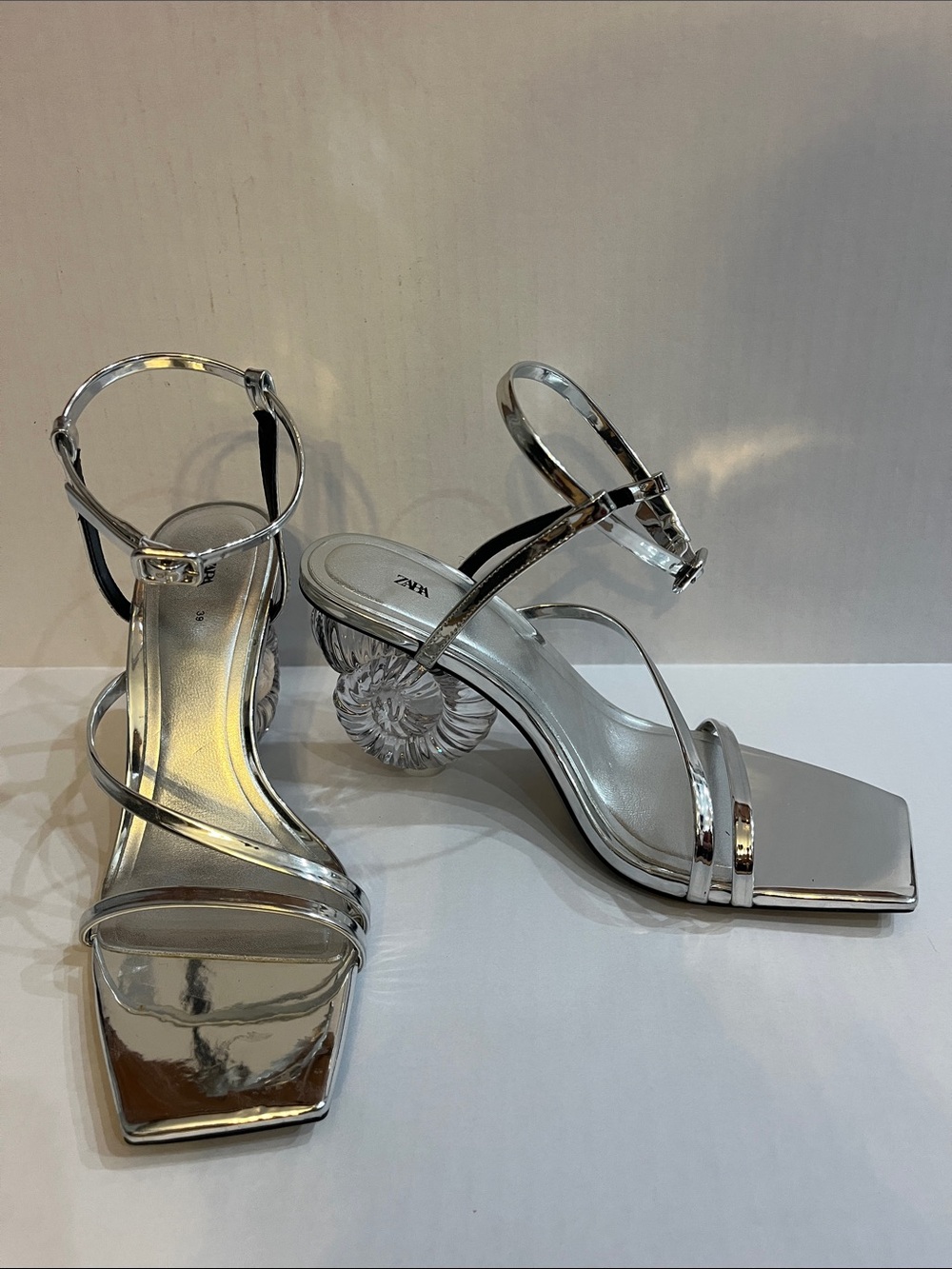 Zara Metallic Silver Strappy Sandals with Sculpted Clear Heel